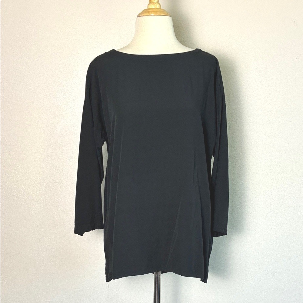 J. JILL Medium TALL Black Rayon‎ 3/4 Sleeve Tunic Top Minimalist Quiet Luxury